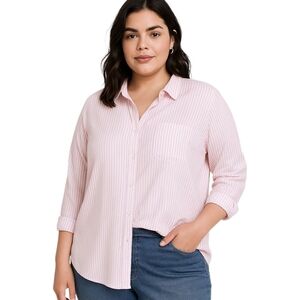 Wmns Plus 0X Button Front Blouse Pink White Stripe Rayon Collared Preppy Casual